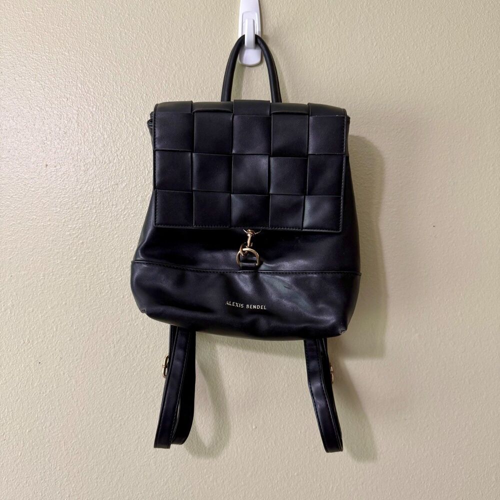 Alexis Bendel Black Woven Flap Backpack Mini Faux Leather Striped Lining Gold HW